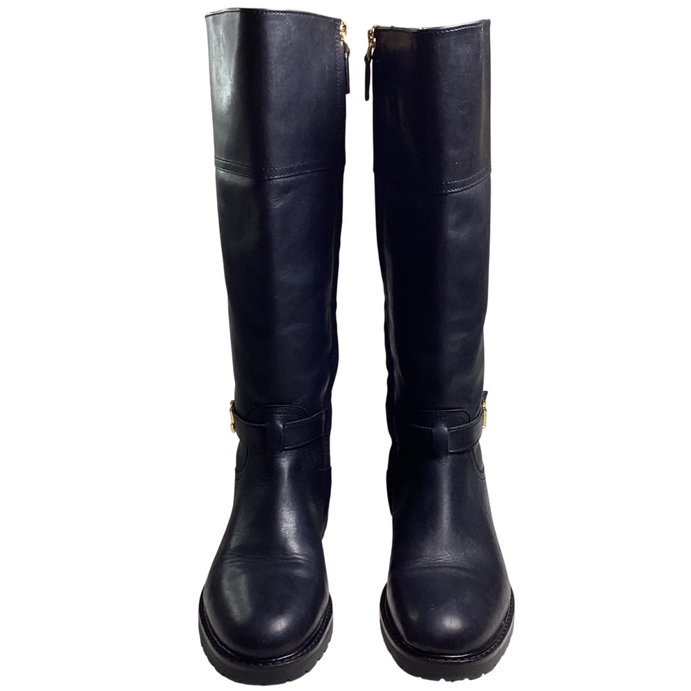 Lauren Ralph Lauren Black Leather Tall Riding Boots Gold Logo Buckle Women's 9B